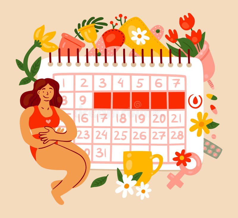 Menstrual or Ovulation Cycle Calendar. Woman Sitting Near Large