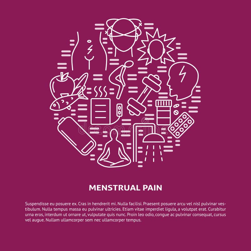 Menstruationen smärtar det runda begreppsbanret i linjen stil royaltyfri illustrationer Menstruationen smärtar det runda begreppsbanret i linjen stil royaltyfri illustrationer