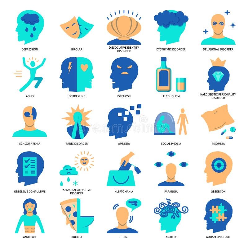 Mental Disorders Icon Set in Flat Style Stock Vector - Illustration of ...