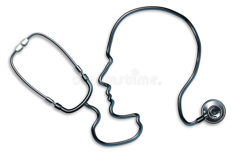 Mental health with stethoscope in the form of a human head and brain used in a clinic for a mental Medical Exam by doctors on a white background representing the concept of good neurological mind health and alzheimer depression medicine.