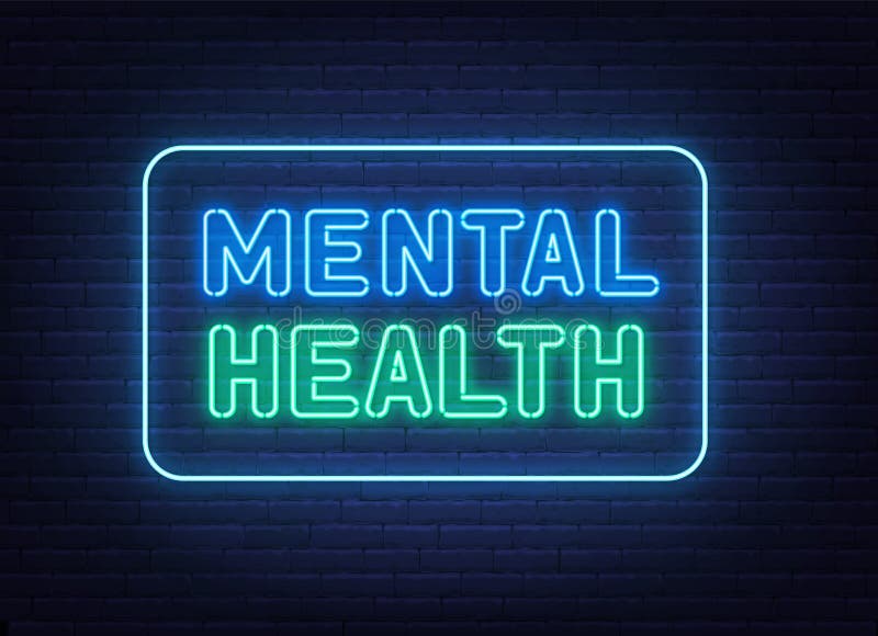Mental Health Neon Sign on Brick Wall Background. Stock Vector