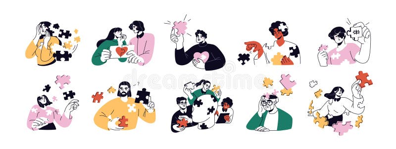 Mental health, psychology problem concept. Assembling puzzle pieces of mind, memory, self losing and finding. Missing royalty free illustration