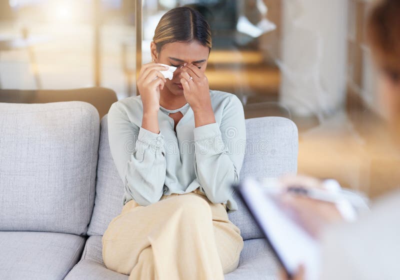 Mental Health Woman And Employee In Therapy Session Crying And