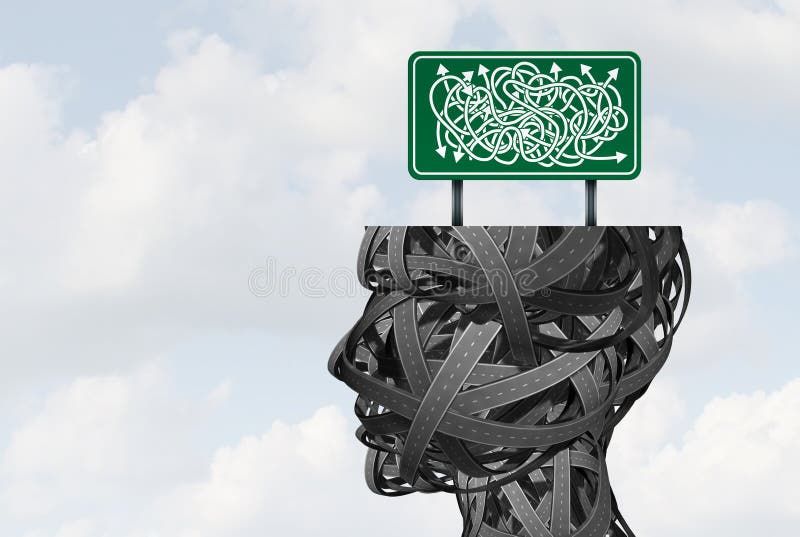 Mental confusion and decision making metaphor or learning disorder as a human head with confused paths representing being disoriented or anxiety as a psychological or psychology concept and business challenge symbol. Mental confusion and decision making metaphor or learning disorder as a human head with confused paths representing being disoriented or anxiety as a psychological or psychology concept and business challenge symbol