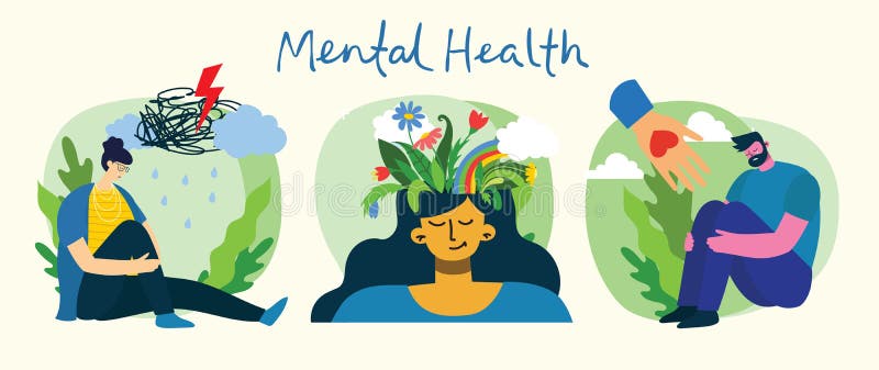 Mentalhälsoillustration. psykologisk visuell tolkning av psykisk hälsa vektor illustrationer