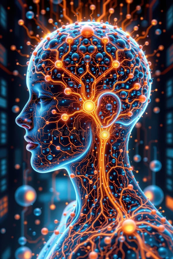 Mente aumentata visuale in cui i pensieri umani si intersecano con l'interfaccia neurale ai riflettori royalty illustrazione gratis