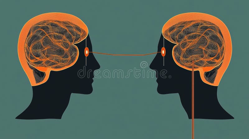 Mentes conectadas dos siluetas con cerebros entrelazados ilustración digital concepto de paleta naranja y tetera de mental libre illustration