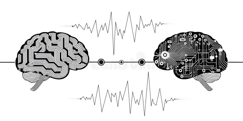Mentes digitales conectaron una representación visual de la comunicación y la interconectividad de IA a través de diseños cerebral. Dos placas de circuitos con forma de cerebro están conectadas por líneas con ondas tipo EKG por debajo y por encima. El fondo es blanco creando un contraste marcado. La imagen representa una comunicación conceptual o sincronización entre dos sistemas de IA. El estilo es sencillo pero impactante