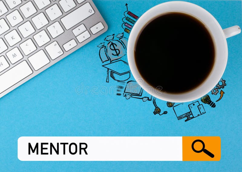 Mentorconcept Koffiemok en computertoetsenbord op een blauwe achtergrond royalty-vrije stock afbeeldingen Mentorconcept Koffiemok en computertoetsenbord op een blauwe achtergrond royalty-vrije stock afbeeldingen