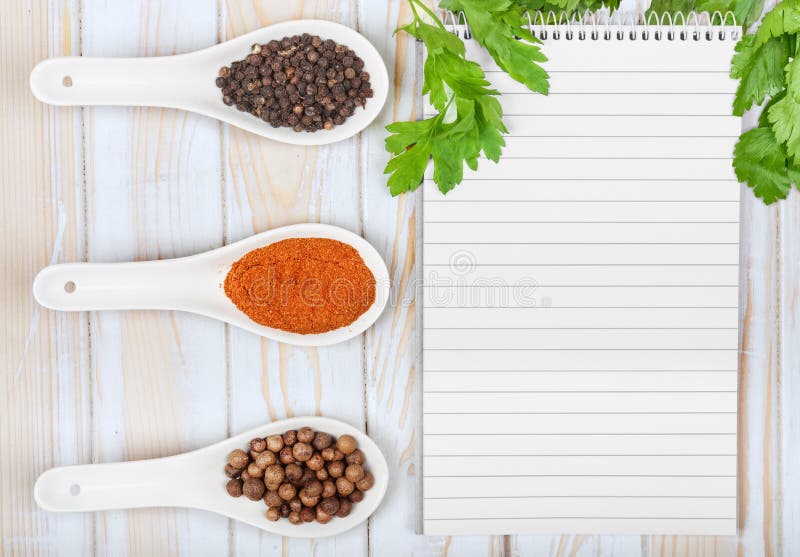 Menu background. Cook book toned image. Vintage image of recipe background. Recipe notepad with diversity of spices and herb. Vintage rustic recipe book background stock images, royalty-free photos and pictures
