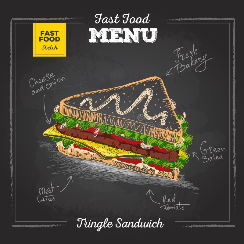 Menu d'annata degli alimenti a rapida preparazione del disegno di gesso Panino illustrazione di stock Menu d'annata degli alimenti a rapida preparazione del disegno di gesso Panino illustrazione di stock