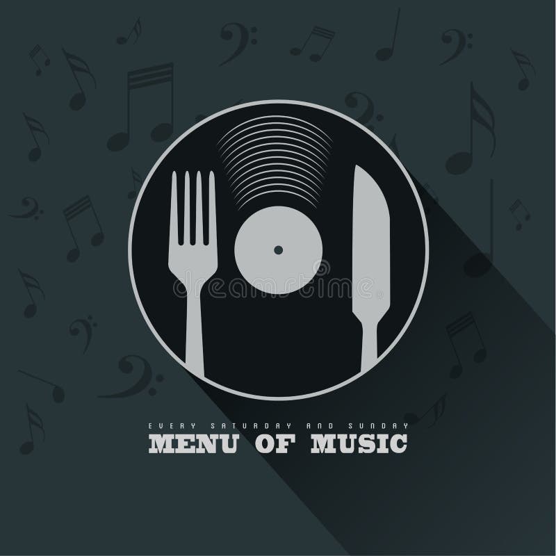 Menu da música com conceito do fundo do vinil, da faca, da forquilha e das notas musicais ilustração do vetor Menu da música com conceito do fundo do vinil, da faca, da forquilha e das notas musicais ilustração do vetor