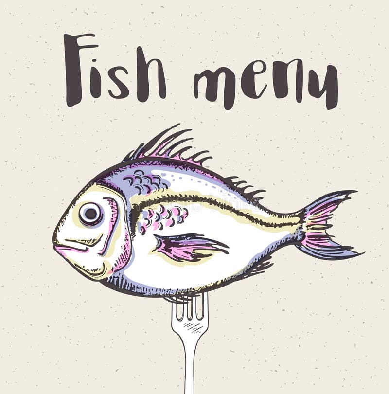Menu do vintage com peixes e forquilha ilustração royalty free Menu do vintage com peixes e forquilha ilustração royalty free