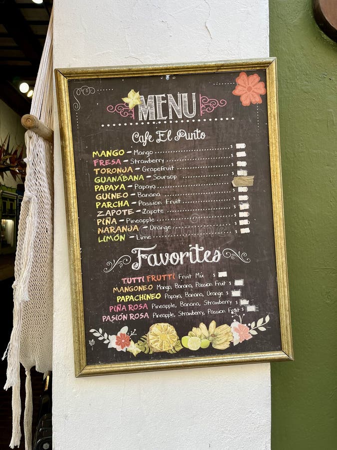 Menu describes the various fruit flavors available at a small cafe in San Juan Puerto Rico USA. Menu describes the various fruit flavors available at a small cafe in San Juan Puerto Rico USA.