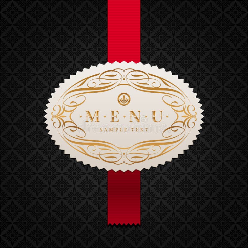 Black seamless pattern, red ribbon and framed menu label with calligraphic ornament (black background - seamless)