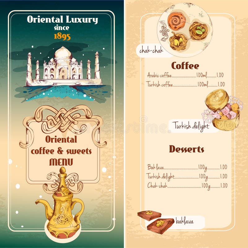 Oriental asian luxury coffee and traditional sweet desserts menu vector illustration. Oriental asian luxury coffee and traditional sweet desserts menu vector illustration