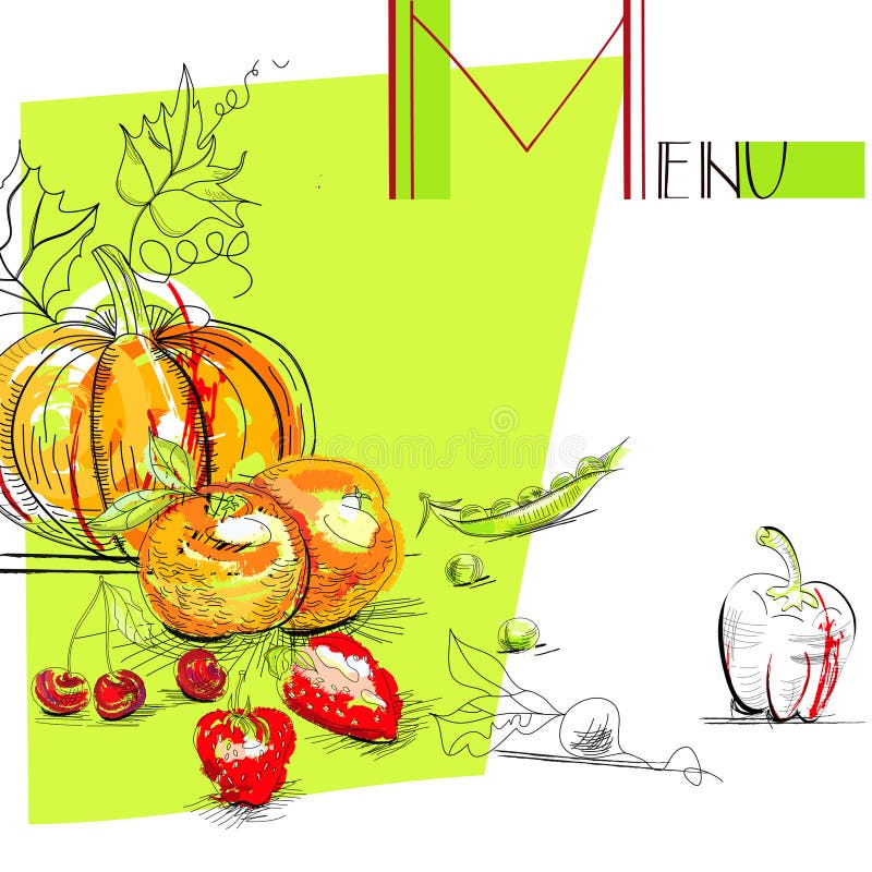 Menu with fruit and vegetables. Universal template for greeting card, web page, background. Menu with fruit and vegetables. Universal template for greeting card, web page, background