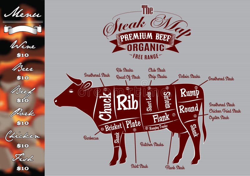 Menu per grigliare con le bistecche e la mucca royalty illustrazione gratis Menu per grigliare con le bistecche e la mucca royalty illustrazione gratis