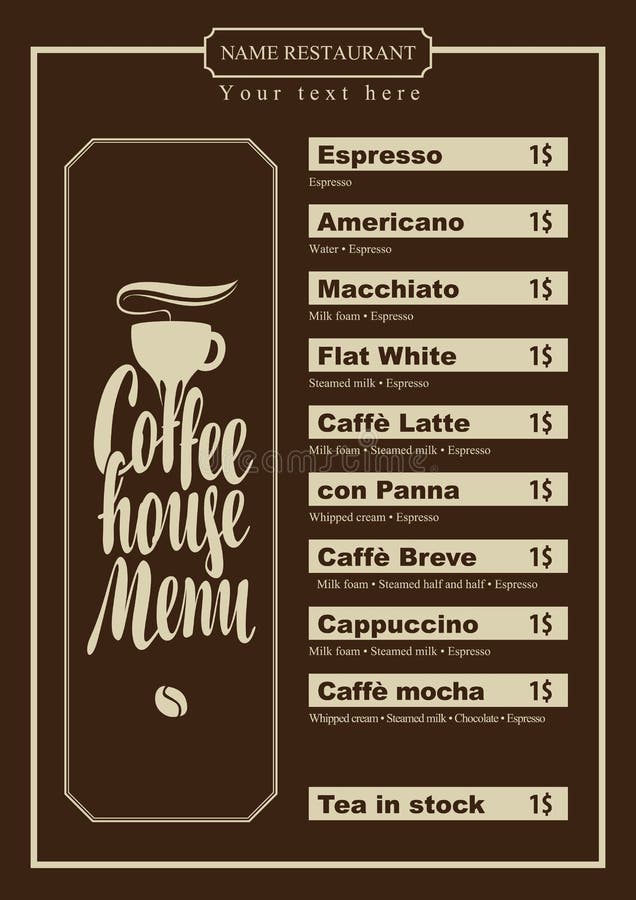 Menu with Price List for the Coffee House with Cup Stock Vector