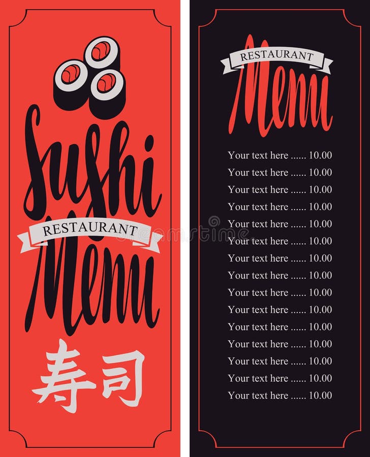 Menu with Price List for the Sushi Stock Vector Illustration of japan