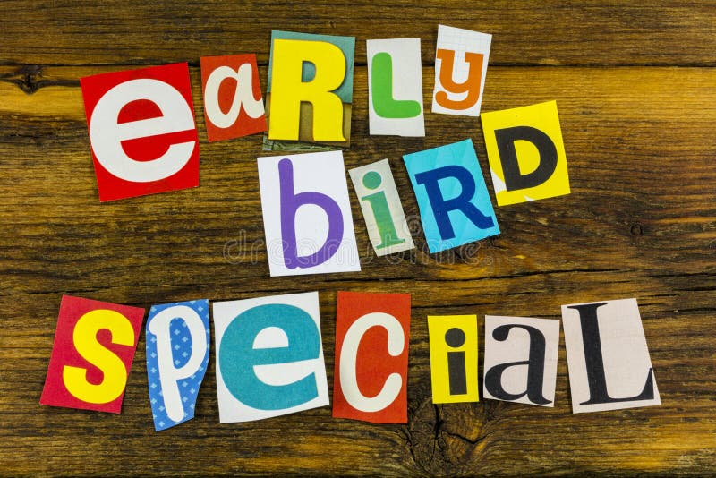 Early bird customer shopper special cafe or restaurant menu or discount offer promotion of ticket coupon deal is retail sale small business store shop advertisement and colorful wooden sign banner. Early bird customer shopper special cafe or restaurant menu or discount offer promotion of ticket coupon deal is retail sale small business store shop advertisement and colorful wooden sign banner.