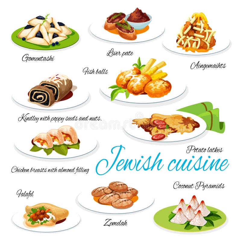 Jewish cuisine vector menu meals. Gomentashi and liver pate, aingemaihts and fish balls, kindley with poppy seeds and nuts. Potato latkes and falafel, chicken breasts, zemelah and coconut pyramids. Jewish cuisine vector menu meals. Gomentashi and liver pate, aingemaihts and fish balls, kindley with poppy seeds and nuts. Potato latkes and falafel, chicken breasts, zemelah and coconut pyramids