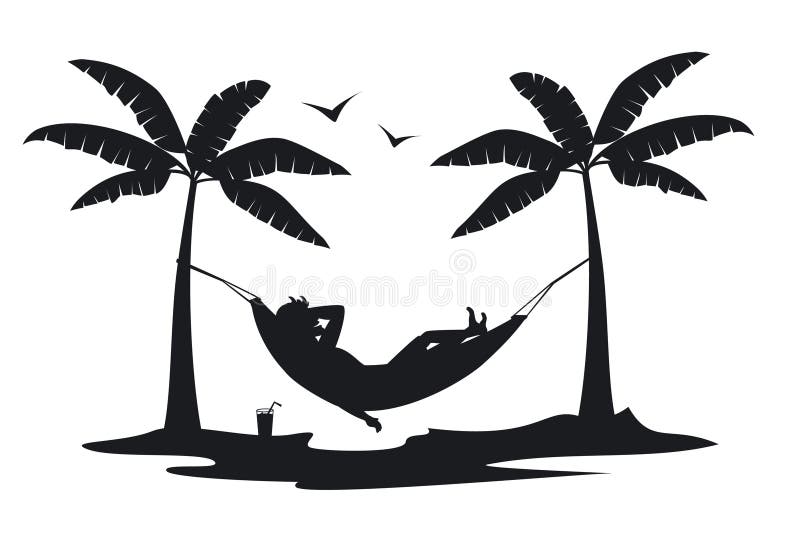 Menzogne di rilassamento della persona in amaca sulla spiaggia sotto le palme