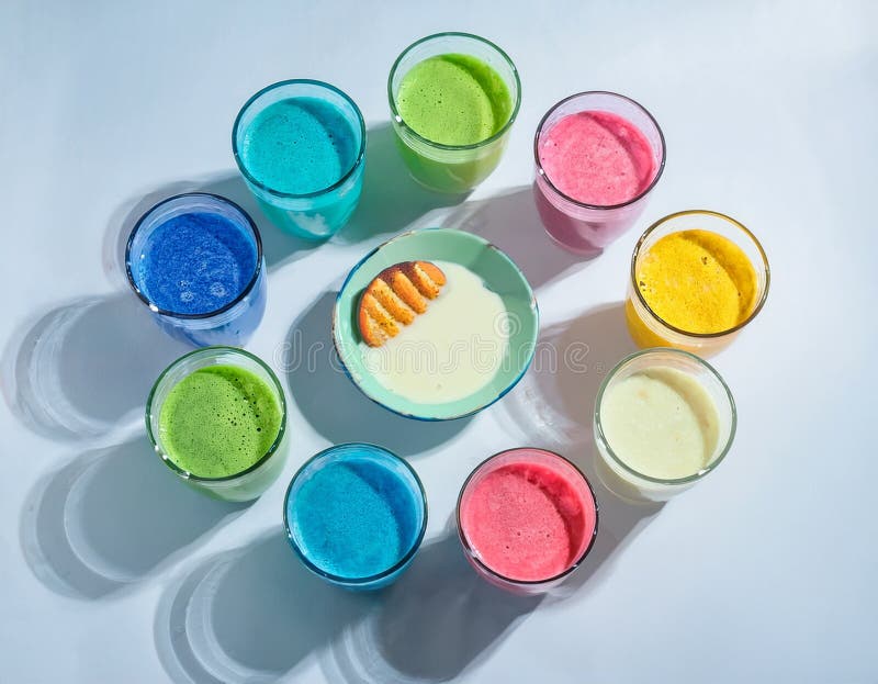 Menú de alimentos de Generación Alfa : un isométrico encantador de coloridos íconos de comida de la Luna Leche en un fondo blanco stock de ilustración