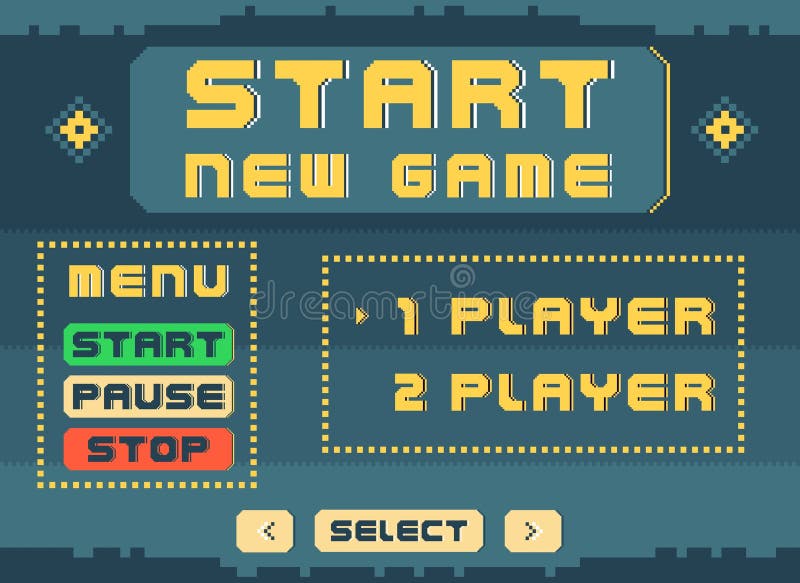 Menú de inicio de juego. consola de arte píxel. pantalla de panel de 8 bits. fuente de videojuegos. gráfico de computadora retro. pantalla de panel 8 bits opción de reproductor de arcada. fuente de interfaz de videojuegos. estilo gráfico de computadora retro. botones de panel gui con etiquetas digitales. fondo vectorial.