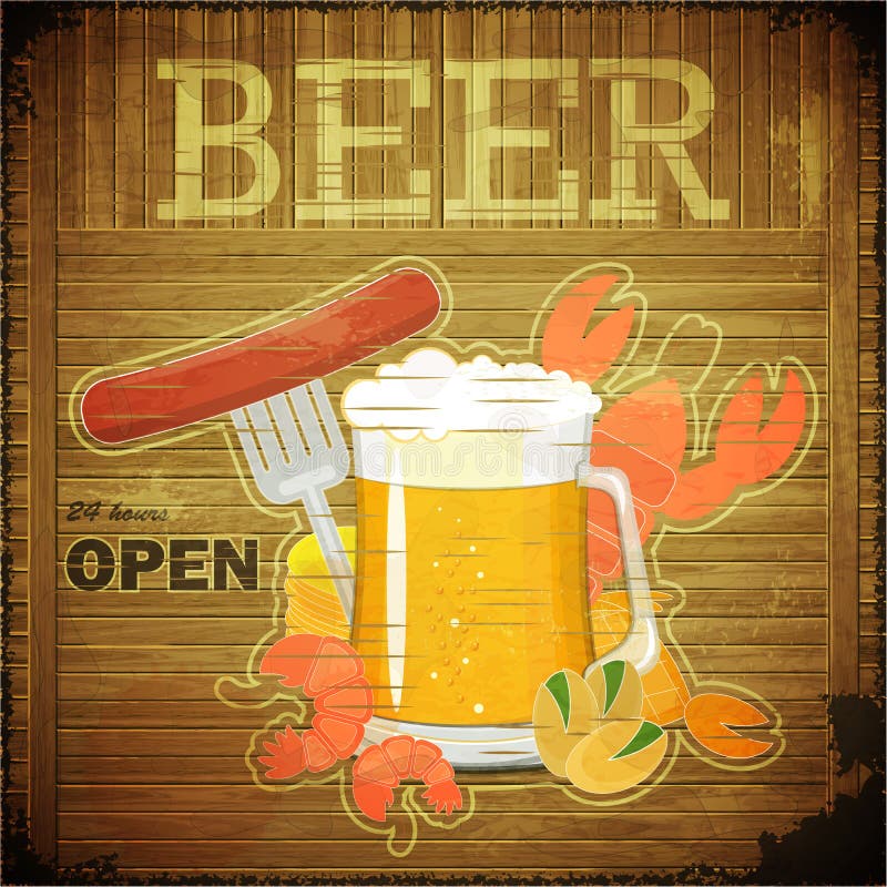 Grunge Design Beer Menu - glass of beer and snack on wooden background - illustration. Grunge Design Beer Menu - glass of beer and snack on wooden background - illustration