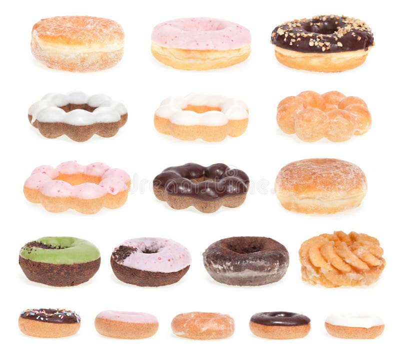 Eighteen different donuts isolated on a white background. Eighteen different donuts isolated on a white background.