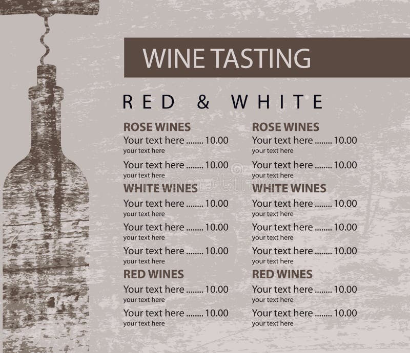 Menú para cata de vinos, botella de muestra ilustración del vector