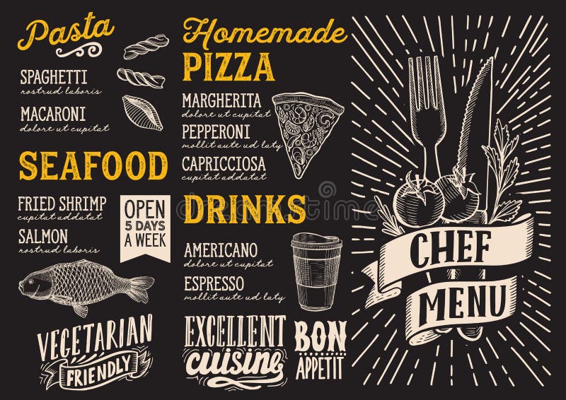 Chef menu template for restaurant on a blackboard background vector illustration brochure for food and drink cafe. Design layout with vintage lettering and doodle hand-drawn graphic icons. Chef menu template for restaurant on a blackboard background vector illustration brochure for food and drink cafe. Design layout with vintage lettering and doodle hand-drawn graphic icons.