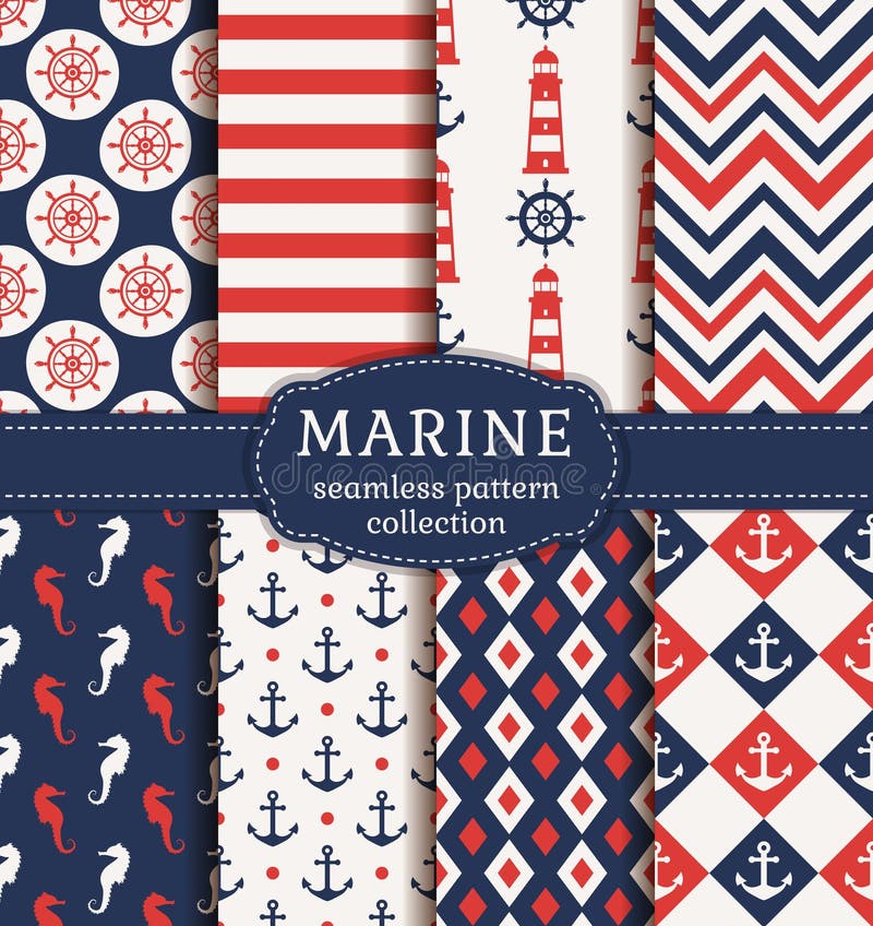 Set of marine and nautical backgrounds. Sea theme. Seamless patterns collection. Vector illustration. Set of marine and nautical backgrounds. Sea theme. Seamless patterns collection. Vector illustration.