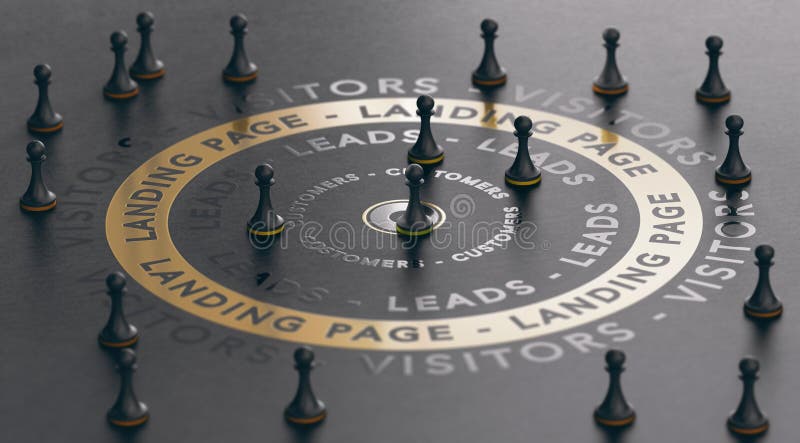 3d illustration of an inbound marketing concept with pawns around a golden landing page over black background. Modern design. 3d illustration of an inbound marketing concept with pawns around a golden landing page over black background. Modern design
