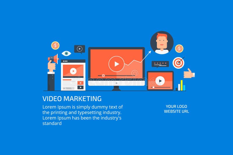Modern concept of digital video marketing, social media and user engagement. Flat design marketing banner. Modern concept of digital video marketing, social media and user engagement. Flat design marketing banner.