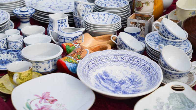 Different kinds of porcelain china ware, retro design and traditional shapes, Flea market. Different kinds of porcelain china ware, retro design and traditional shapes, Flea market