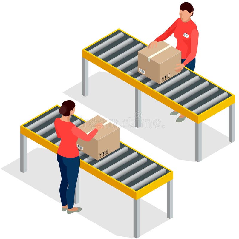 Mercancías del trabajador que empaquetan con las cajas en la línea de embalaje en fábrica Trabajadores en Warehouse que prepara l stock de ilustración Mercancías del trabajador que empaquetan con las cajas en la línea de embalaje en fábrica Trabajadores en Warehouse que prepara l stock de ilustración