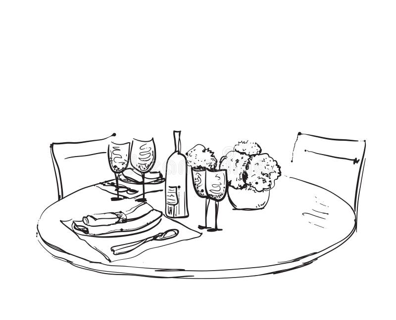 Mercancías dibujadas mano Cena romántica para dos ilustración del vector Mercancías dibujadas mano Cena romántica para dos ilustración del vector