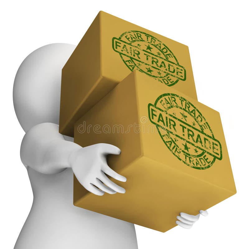 Mercancías y productos malos de Fairtrade de las cajas del comercio justo libre illustration Mercancías y productos malos de Fairtrade de las cajas del comercio justo libre illustration