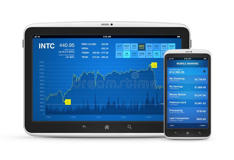 Mercato azionario ed attività bancarie mobili sulle unità digitali illustrazione vettoriale Mercato azionario ed attività bancarie mobili sulle unità digitali illustrazione vettoriale