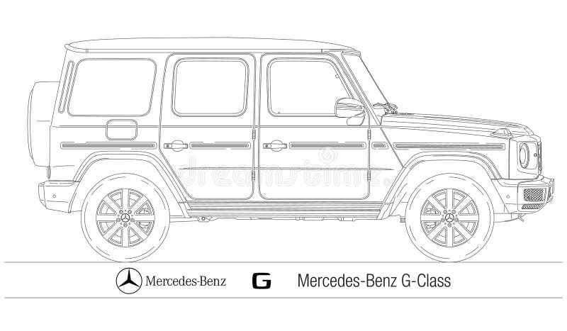 Germany, year 2012 Mercedes G Class off-road car, silhouette outlined, vintage, vector illustration