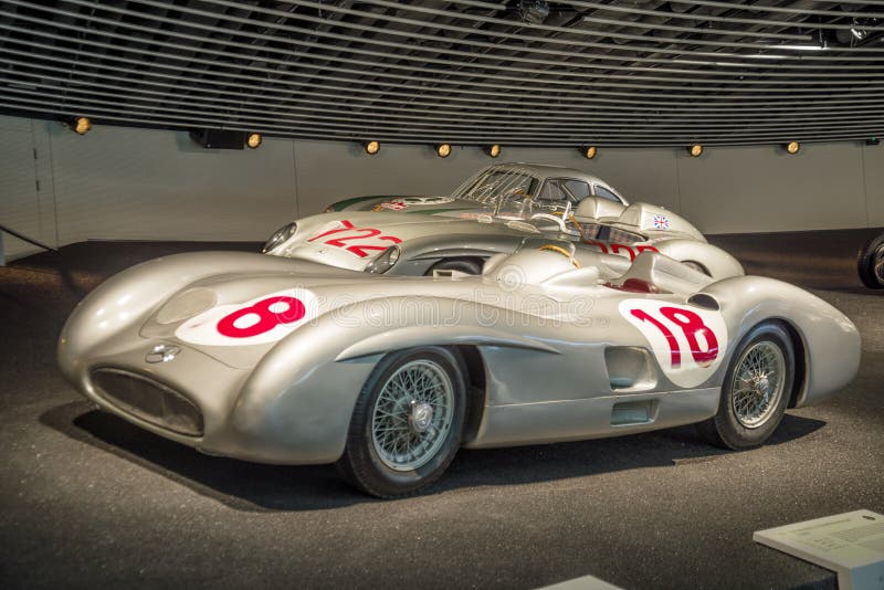 Stuttgart, Germany - December 13, 2017: Mercedes-Benz W196R 2.5-liter streamlined racing car. Juan Manuel Fangio and Karl Kling win new Formula One first race on July 4, 1954 in Reims. Stuttgart, Germany - December 13, 2017: Mercedes-Benz W196R 2.5-liter streamlined racing car. Juan Manuel Fangio and Karl Kling win new Formula One first race on July 4, 1954 in Reims