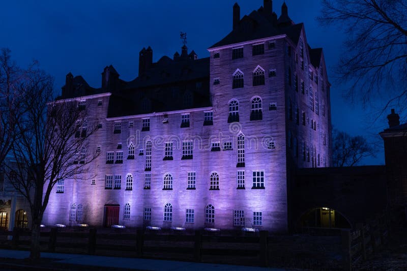 Mercer museum lit at night in Doylestown, Pa. USA. Mercer museum of Americana lit at night in Doylestown, Bucks County, Pa. USA. Feb. 20, 2023