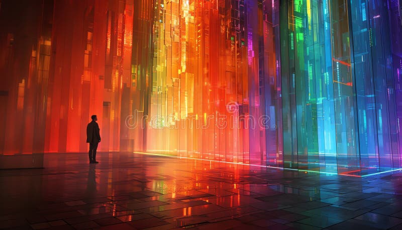 Merge avant-garde Innovative lighting techniques with pixel art to create a mesmerizing display of colorful lights and shadows stock illustration