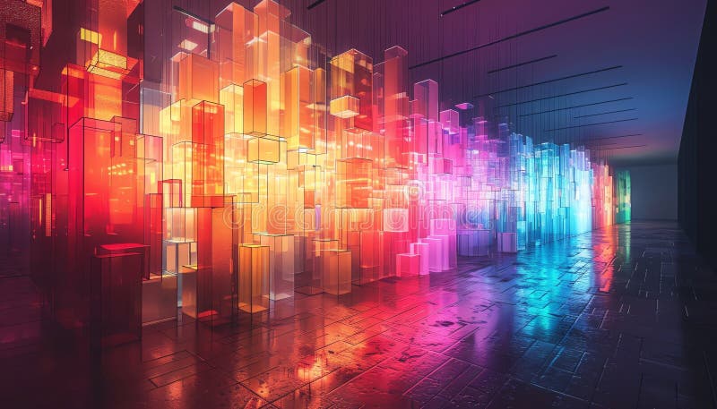 Merge avant-garde Innovative lighting techniques with pixel art to create a mesmerizing display of colorful lights and shadows stock illustration