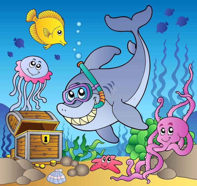 Mergulhador do tubarão com caixa de tesouro ilustração royalty free Mergulhador do tubarão com caixa de tesouro ilustração royalty free