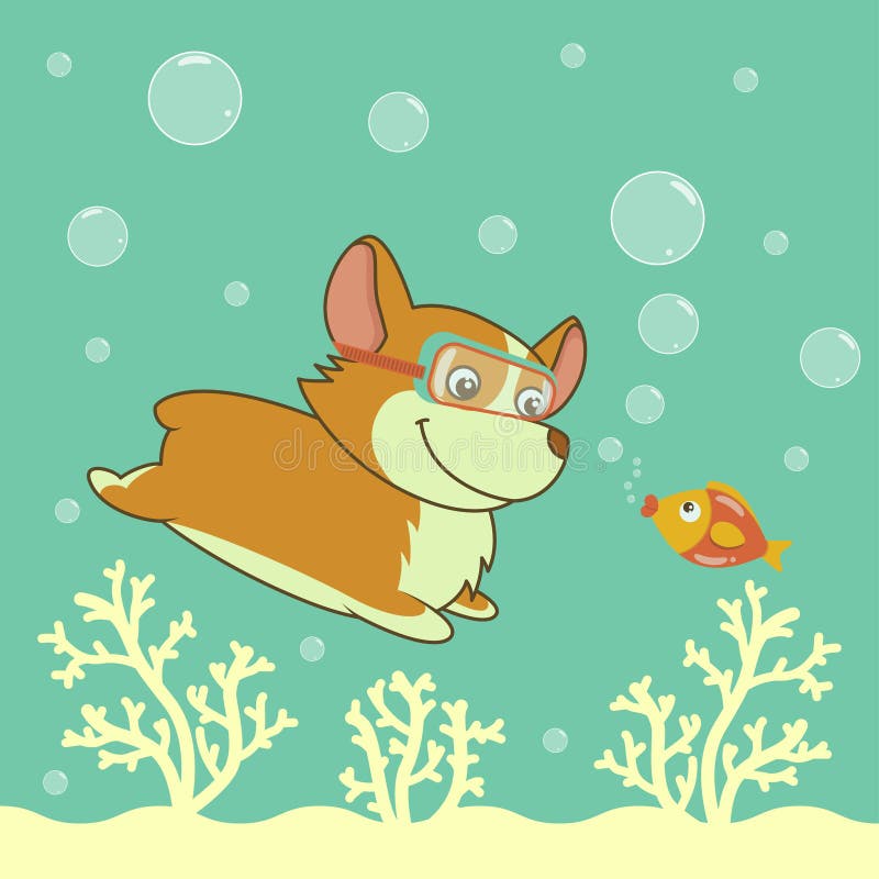 Mergulho do cão do corgi de galês dos desenhos animados no oceano ilustração stock Mergulho do cão do corgi de galês dos desenhos animados no oceano ilustração stock