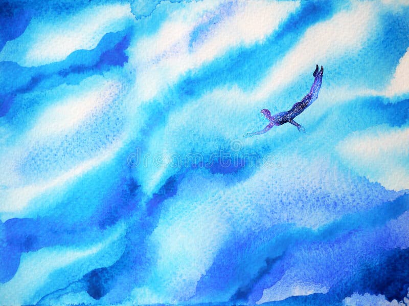 Mergulho humano no mar azul profundo abstrato do oceano, céu da nuvem da mente, pintura da aquarela ilustração royalty free Mergulho humano no mar azul profundo abstrato do oceano, céu da nuvem da mente, pintura da aquarela ilustração royalty free
