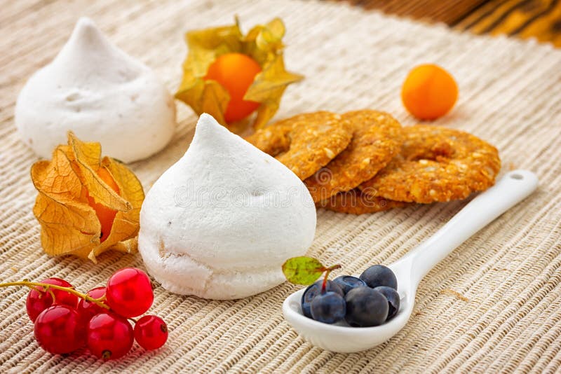 Meringue Cookies and Tarts with Berries Stock Photo Image of cake